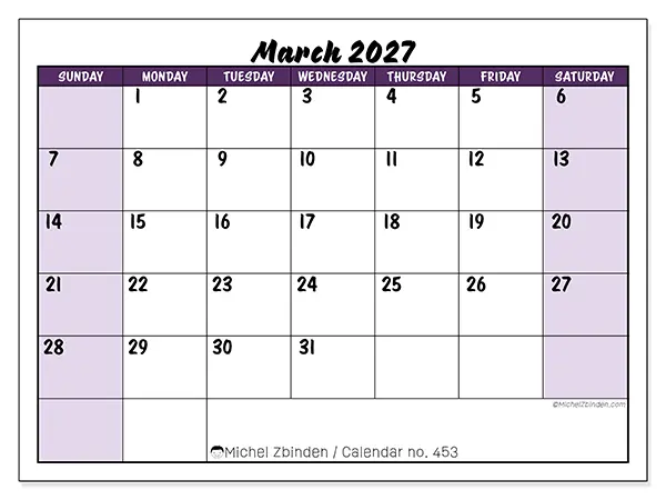 Printable March 2027 calendar - Colorful efficiency - Week from Sunday to Saturday
