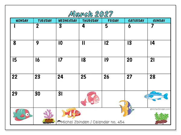 Printable March 2027 calendar - Colorful fish