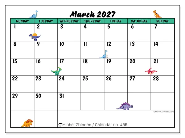 Printable March 2027 calendar - Little dinosaurs