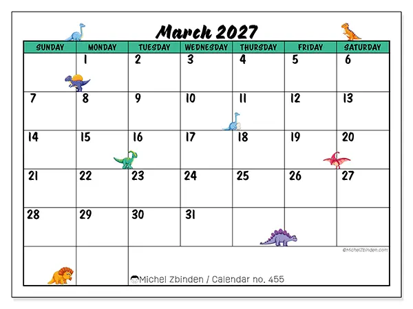Printable March 2027 calendar - Little dinosaurs - Week from Sunday to Saturday