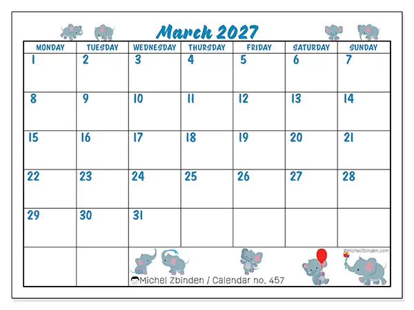 Printable March 2027 calendar - Little elephants