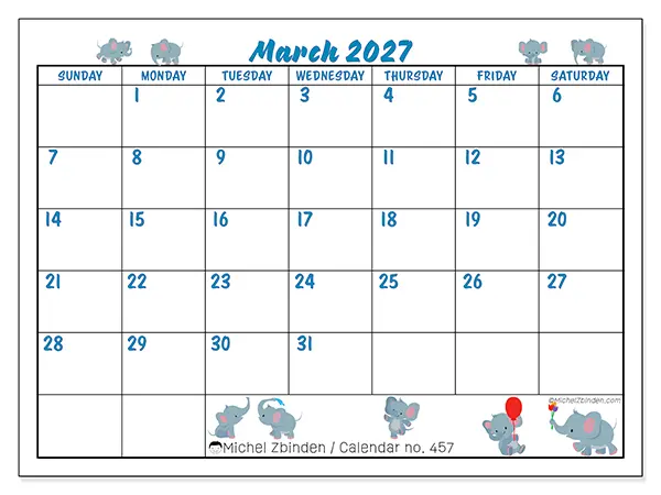 Printable March 2027 calendar - Little elephants - Week from Sunday to Saturday