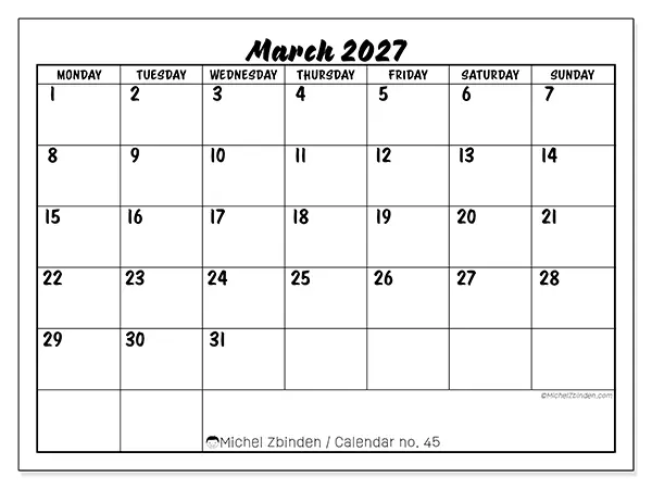 Printable March 2027 calendar - Academic success