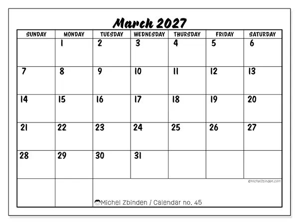 Printable March 2027 calendar - Academic success - Week from Sunday to Saturday