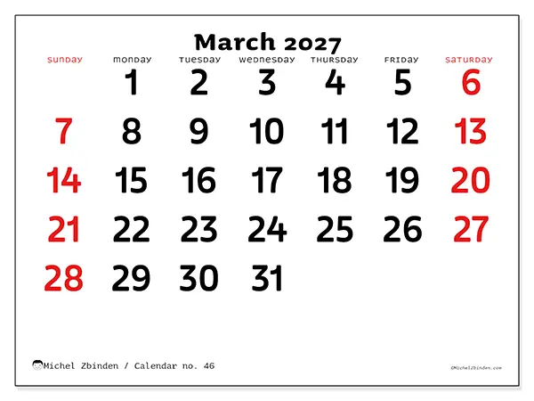 Printable March 2027 calendar - Clear vision - Week from Sunday to Saturday