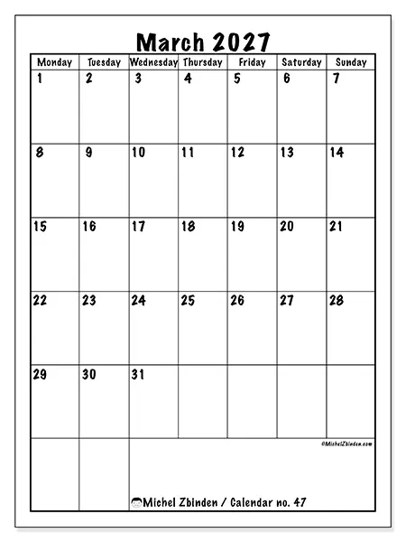 Printable March 2027 calendar - Efficient planning