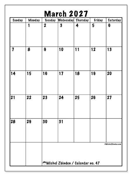 Printable March 2027 calendar - Efficient planning - Week from Sunday to Saturday
