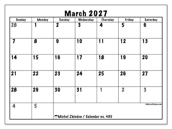 Printable March 2027 calendar - Complete planning - Week from Sunday to Saturday