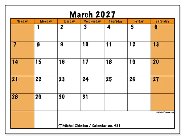Printable March 2027 calendar - Dynamic planning - Week from Sunday to Saturday
