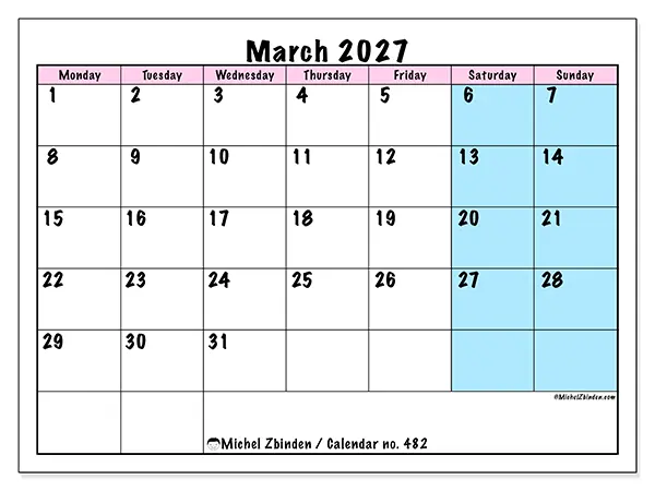 Printable March 2027 calendar - Team schedule