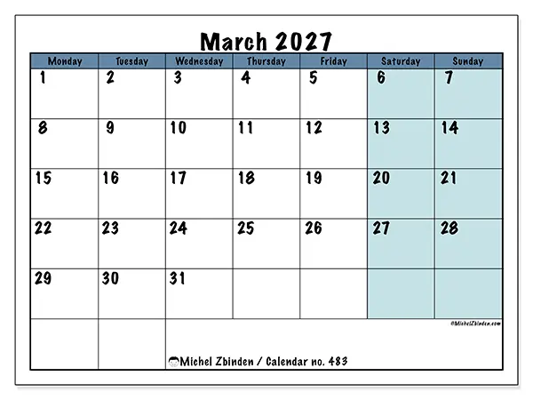Printable March 2027 calendar - Structured for school
