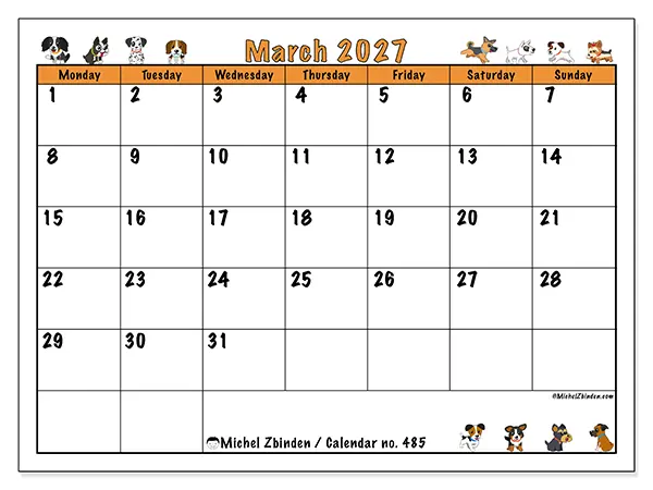 Printable March 2027 calendar - Enthusiastic dogs