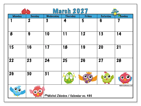 Printable March 2027 calendar - Funny birds