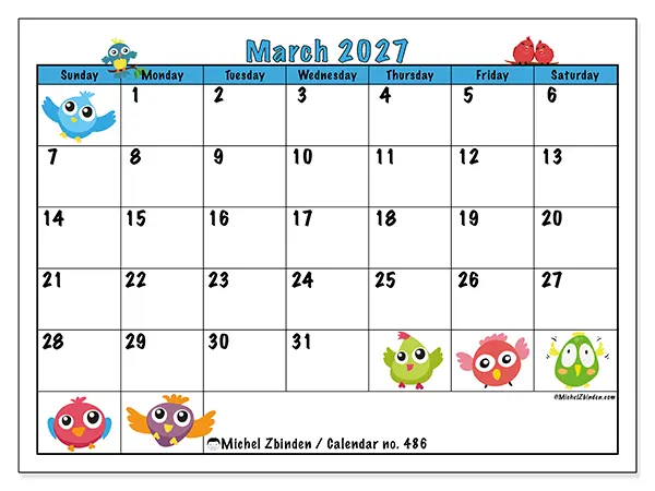 Printable March 2027 calendar - Funny birds - Week from Sunday to Saturday