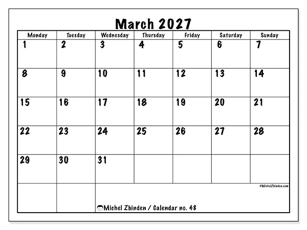 Printable March 2027 calendar - Daily efficiency