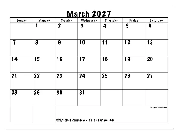Printable March 2027 calendar - Daily efficiency - Week from Sunday to Saturday