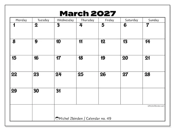 Printable March 2027 calendar - Productive coordination