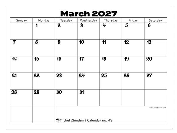 Printable March 2027 calendar - Productive coordination - Week from Sunday to Saturday