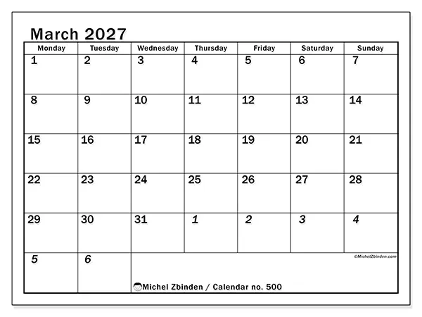 Printable March 2027 calendar - Intensive planning