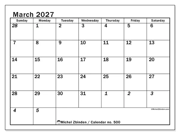 Printable March 2027 calendar - Intensive planning - Week from Sunday to Saturday