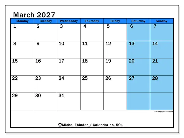 Printable March 2027 calendar - Dynamic studies