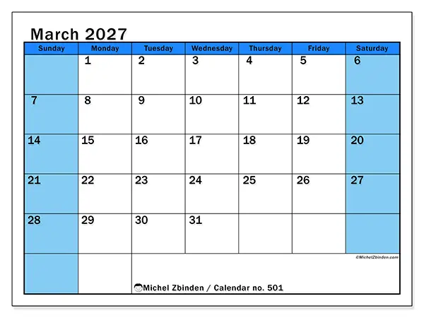 Printable March 2027 calendar - Dynamic studies - Week from Sunday to Saturday