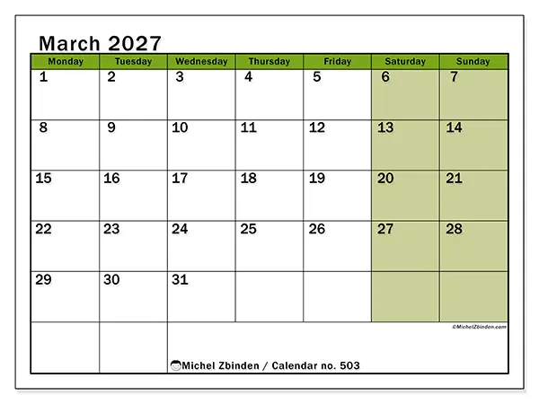Printable March 2027 calendar - Lively organization