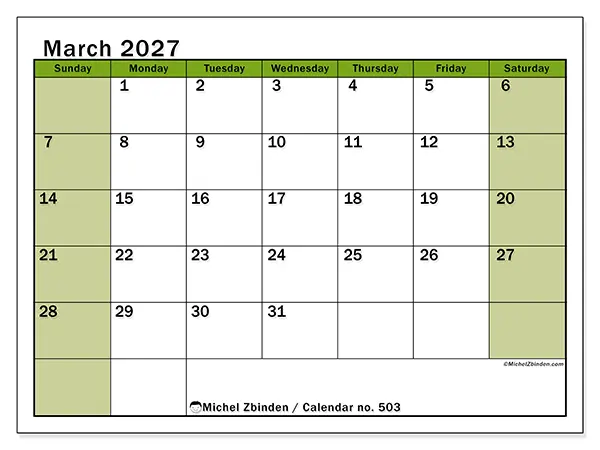 Printable March 2027 calendar - Lively organization - Week from Sunday to Saturday