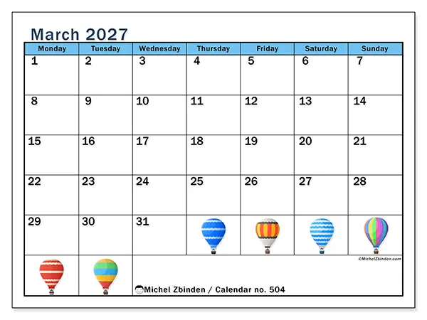 Printable March 2027 calendar - Hot air balloons