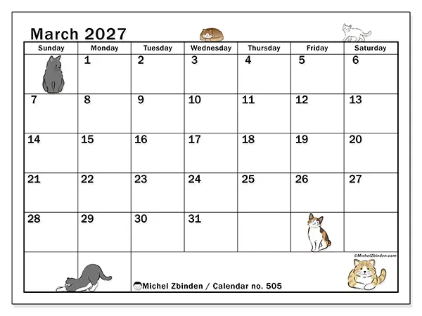 Printable March 2027 calendar - Cat life - Week from Sunday to Saturday