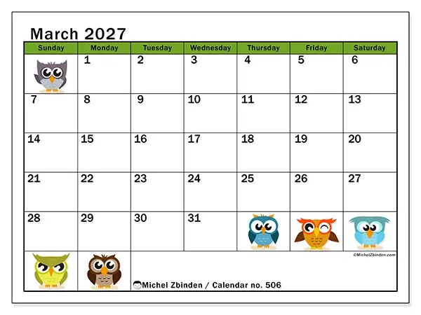 Printable March 2027 calendar - Funny owls - Week from Sunday to Saturday