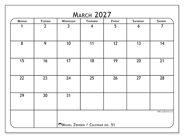 Printable March 2027 calendar - Meal planner