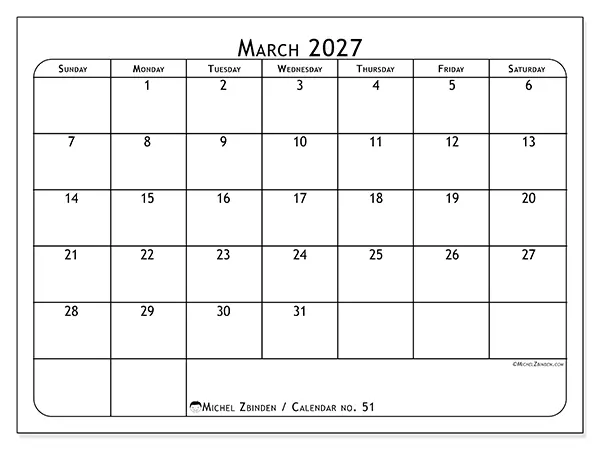 Printable March 2027 calendar - Meal planner - Week from Sunday to Saturday