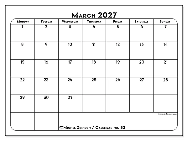 Printable March 2027 calendar - Professional organization