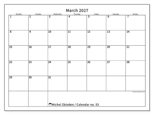 Printable March 2027 calendar - Efficient schedule