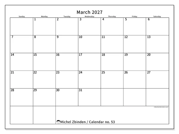 Printable March 2027 calendar - Efficient schedule - Week from Sunday to Saturday