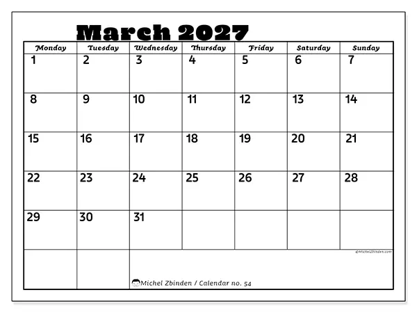 Printable March 2027 calendar - Family activities