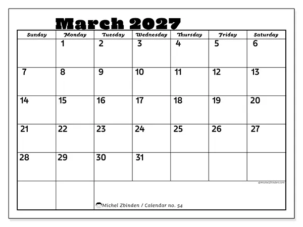 Printable March 2027 calendar - Family activities - Week from Sunday to Saturday