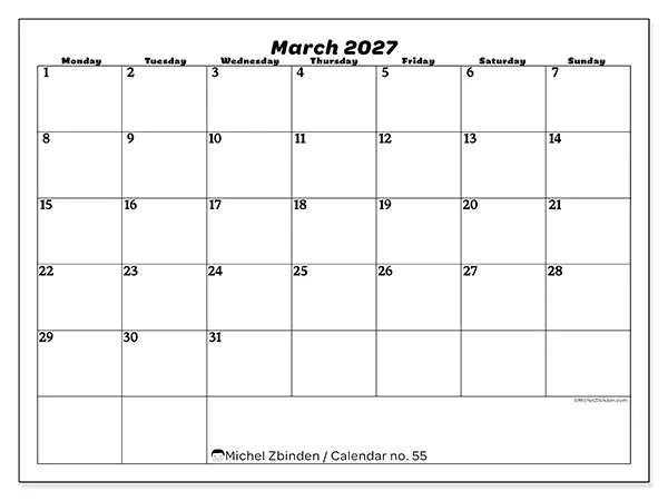 Printable March 2027 calendar - Leisure organization