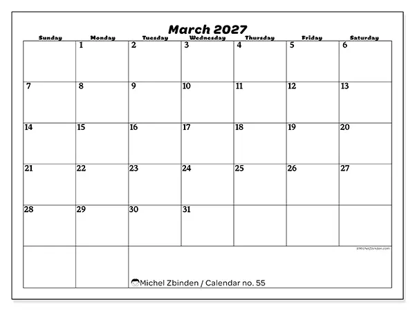 Printable March 2027 calendar - Leisure organization - Week from Sunday to Saturday