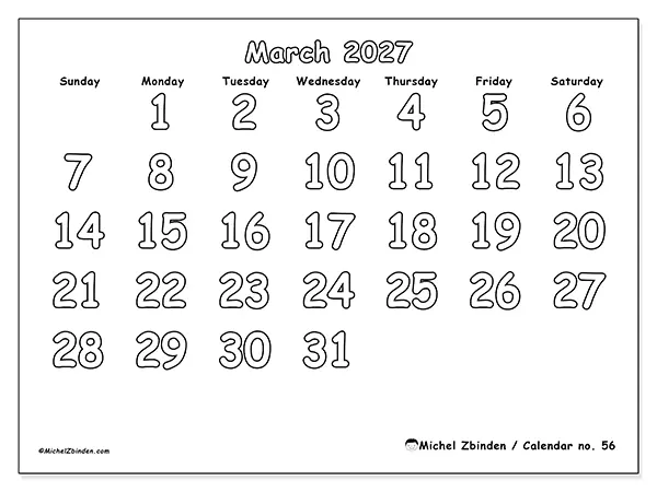 Printable March 2027 calendar - Useful coloring - Week from Sunday to Saturday