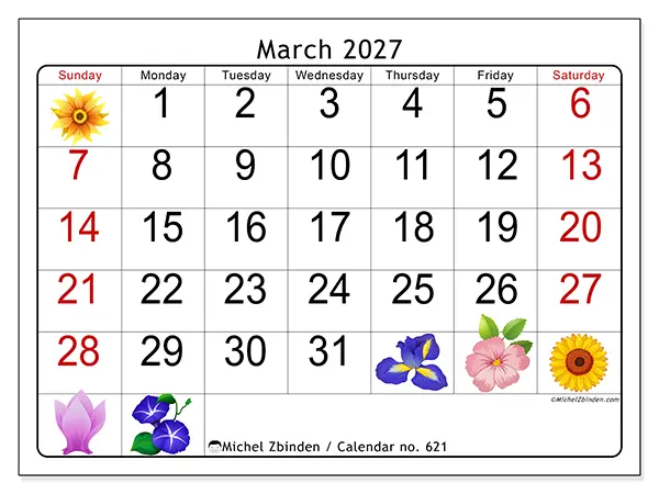 Printable March 2027 calendar - Big flowers - Week from Sunday to Saturday