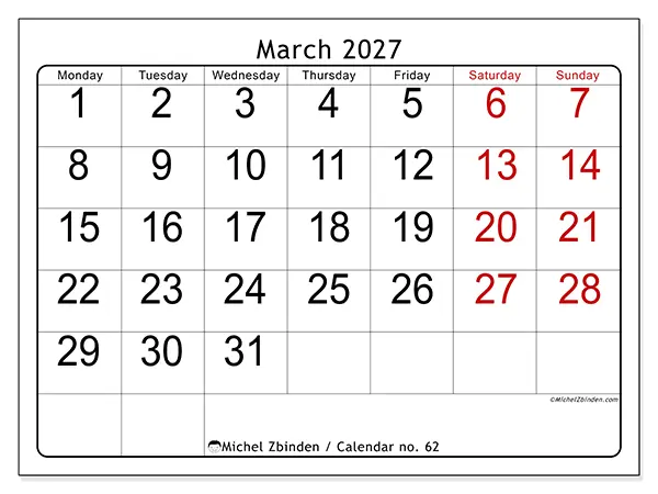 Printable March 2027 calendar - Speed reading