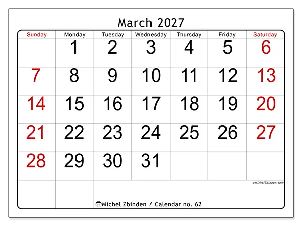 Printable March 2027 calendar - Speed reading - Week from Sunday to Saturday