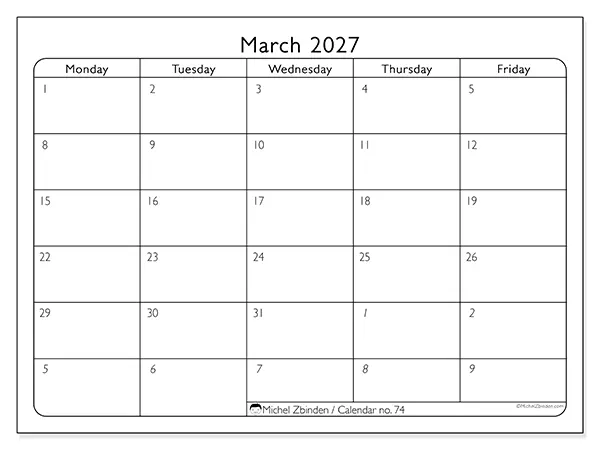 Printable March 2027 calendar - Work organization
