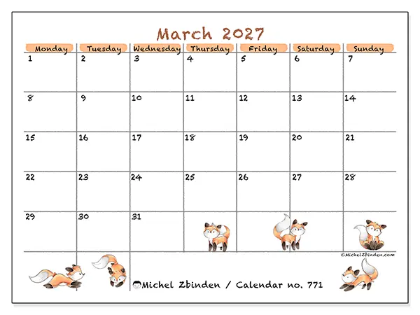 Printable March 2027 calendar - Fox drawings