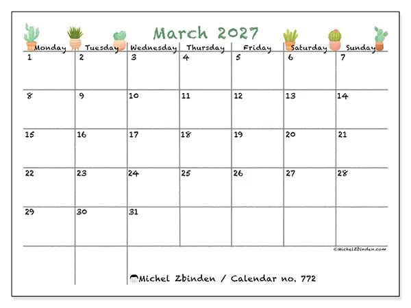 Printable March 2027 calendar - Decorative cactus