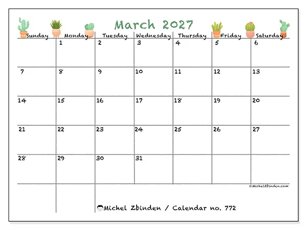 Printable March 2027 calendar - Decorative cactus - Week from Sunday to Saturday