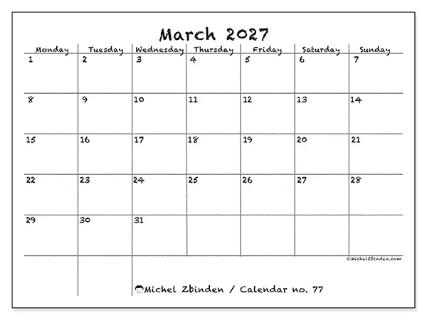 Printable March 2027 calendar - School and family