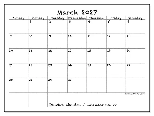 Printable March 2027 calendar - School and family - Week from Sunday to Saturday